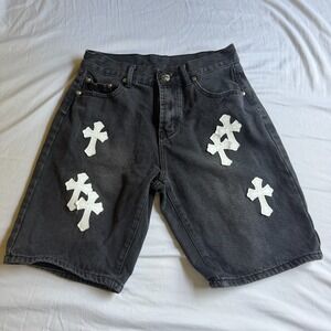Chrome Hearts Men's Black Cotton Denim Shorts Cross Logo Button Size 30 Jorts